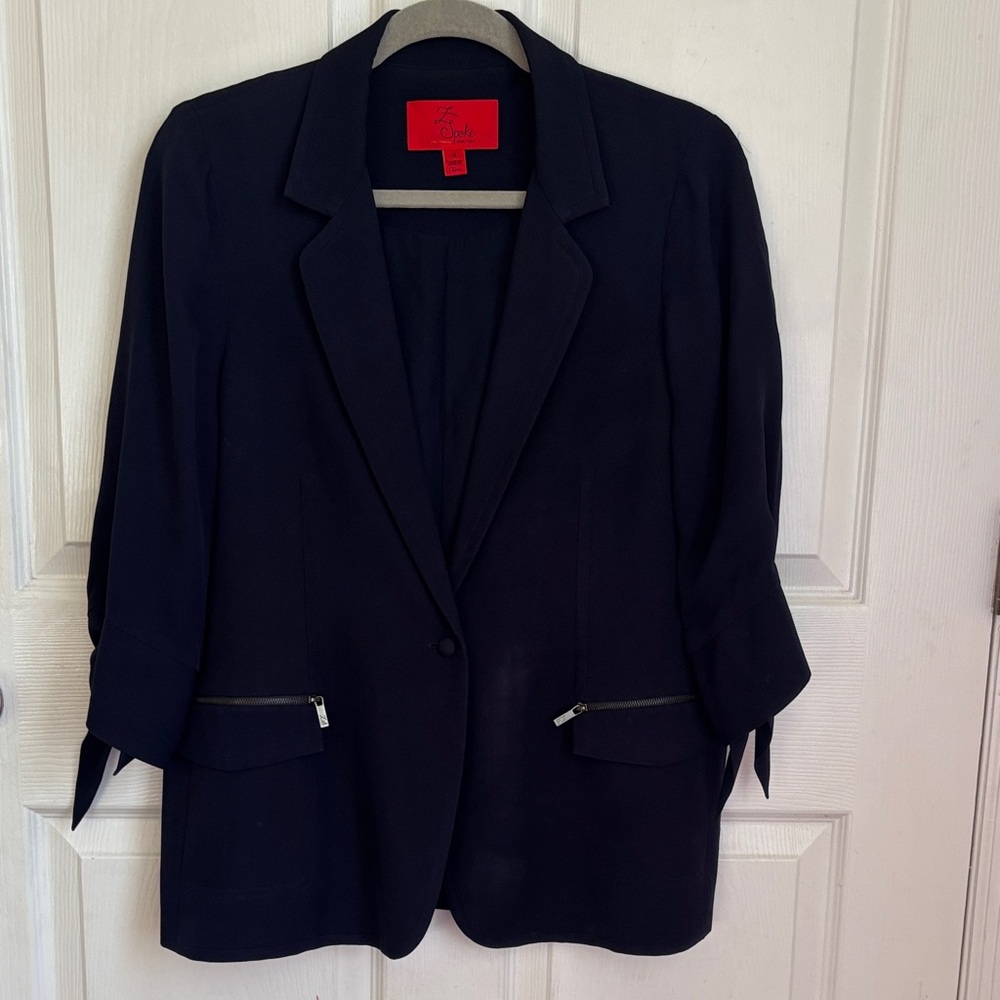 Zac Posen Navy Blue Silk One Button Blazer Zipper Front Pockets 3/4 sleeve Sz 14